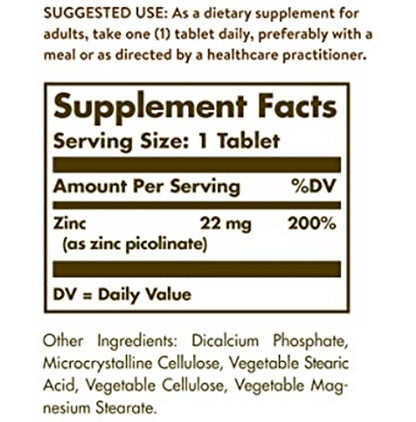 Solgar Zinc Picolinate 22mg with Antioxidants | For Skin & Immune Support | Tablet