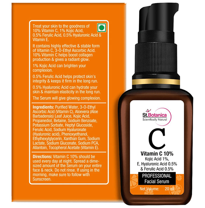 St.Botanica Vitamin C 10% + Kojic Acid 1% + E, Hyaluronic Acid 0.5% & Ferulic Acid 0.5% Professional Facial Serum