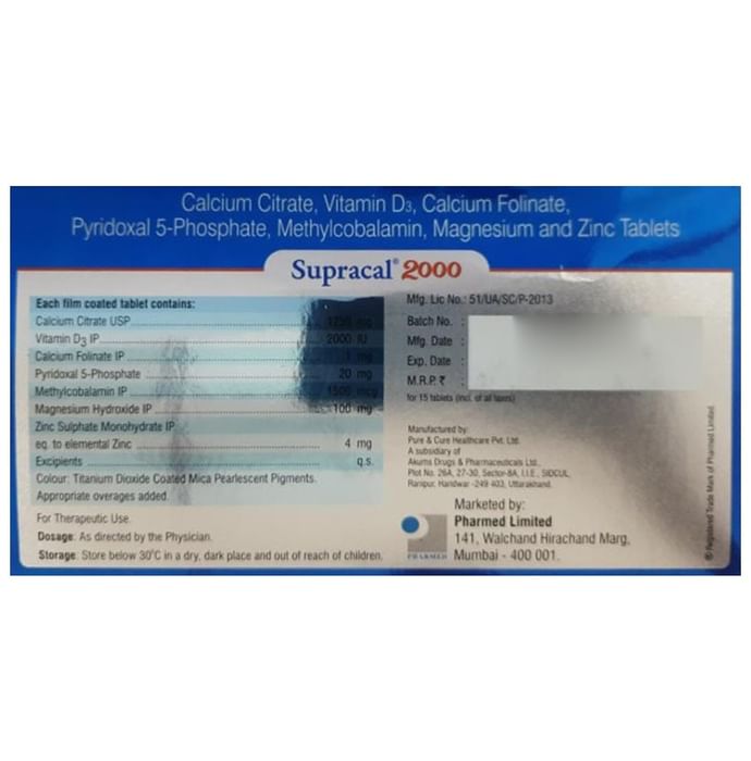 Supracal 2000 Tablet with Calcium, Vitamin D3, Methylcobalamin, Magnesium and Zinc | Bone, Joint & Muscle Care | Daily Mineral Essentials