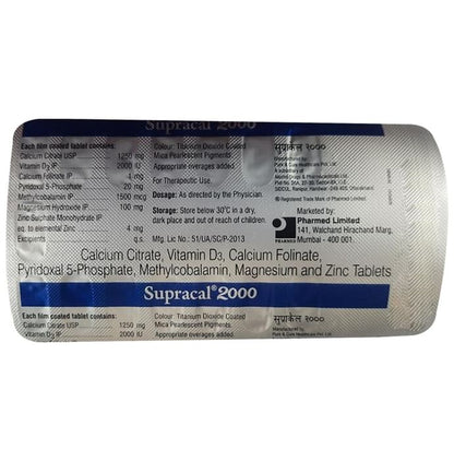 Supracal 2000 Tablet with Calcium, Vitamin D3, Methylcobalamin, Magnesium and Zinc | Bone, Joint & Muscle Care | Daily Mineral Essentials