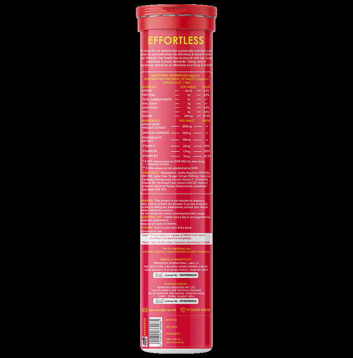 Svaa.Life Apple Cider Vinegar with Garcinia Cambogia Effervescent Tablet (21 Each) Watermelon