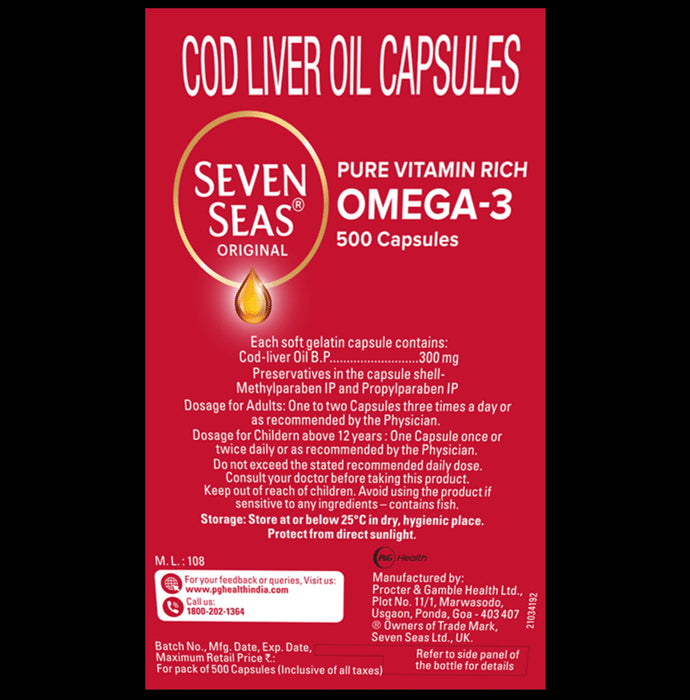 Seven Seas Seven Seas Original Cod-Liver Oil Capsule | For Brain, Bones, Eyes & Immunity | Source of Vitamins A, D, EPA & DHA | Nutrition Formula