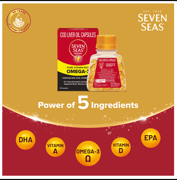 Seven Seas Seven Seas Original Cod-Liver Oil Capsule | For Brain, Bones, Eyes & Immunity | Source of Vitamins A, D, EPA & DHA | Nutrition Formula