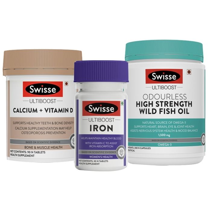 Swisse Combo Pack of Ultiboost Calcium+Vitamin D 90 Tablet, Ultiboost Iron 30 Tablet & Ultiboost Odourless High Strength Wild Fish Oil 200 Capsule - Classic Derma