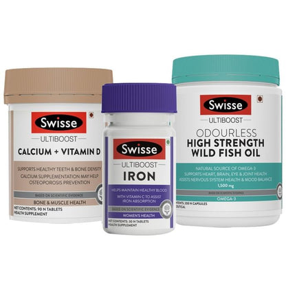 Swisse Combo Pack of Ultiboost Calcium+Vitamin D 90 Tablet, Ultiboost Iron 30 Tablet & Ultiboost Odourless High Strength Wild Fish Oil 200 Capsule - Classic Derma