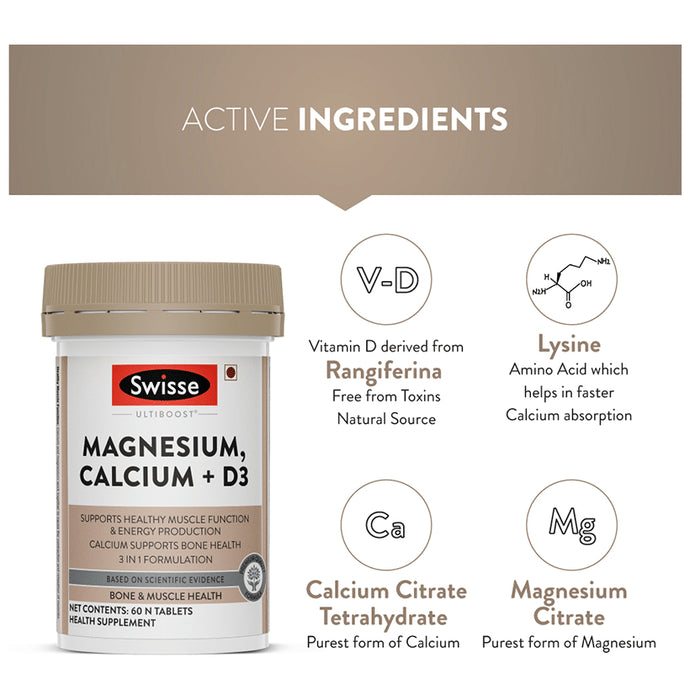 Swisse Ultiboost Magnesium, Calcium + D3 | Tablet for Muscles, Energy & Bone Health