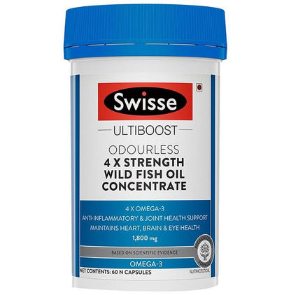 Swisse Ultiboost Odourless 4X Strength Wild Fish Oil | With 1800mg Omega 3 for Joints, Heart, Brain & Eyes | Capsule - Classic Derma