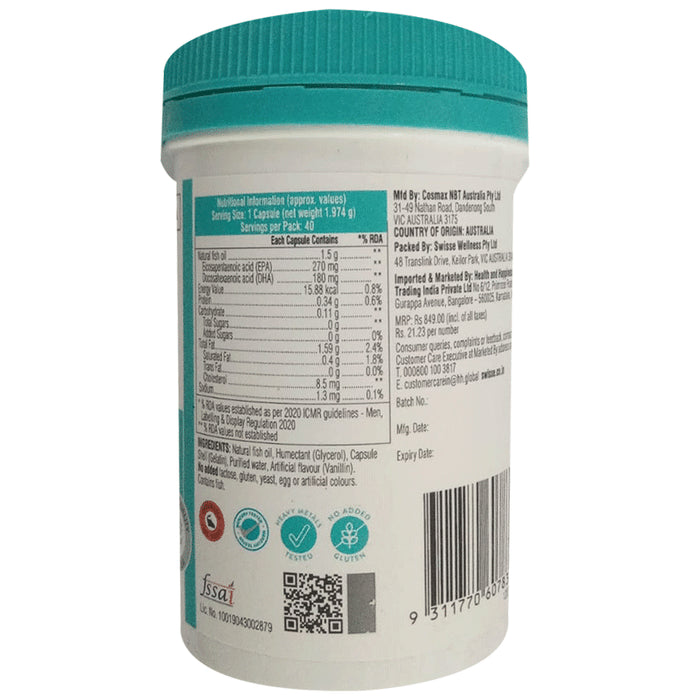 Swisse Ultiboost Odourless High Strength Wild Fish Oil Capsule with 1500mg Omega 3 | For Heart, Brain, Eye & Joint Health