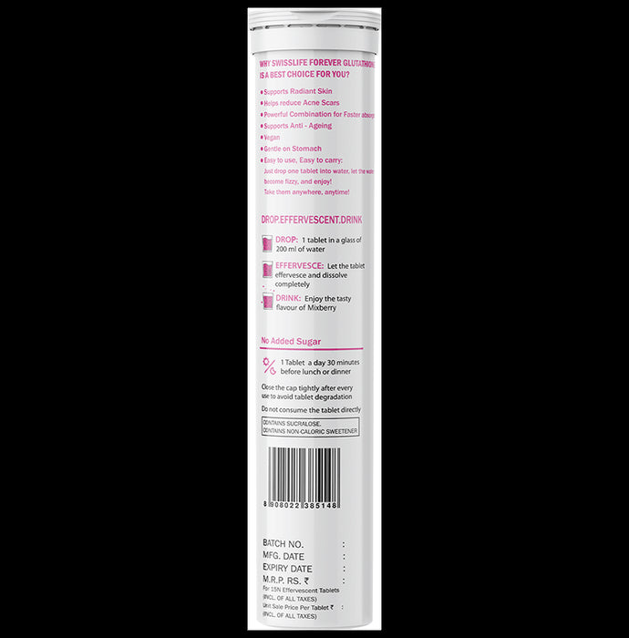 SWISSLIFE FOREVER Glutathione & Vitamin C Effervescent Tablets (15 Each) Mixberry No Sugar