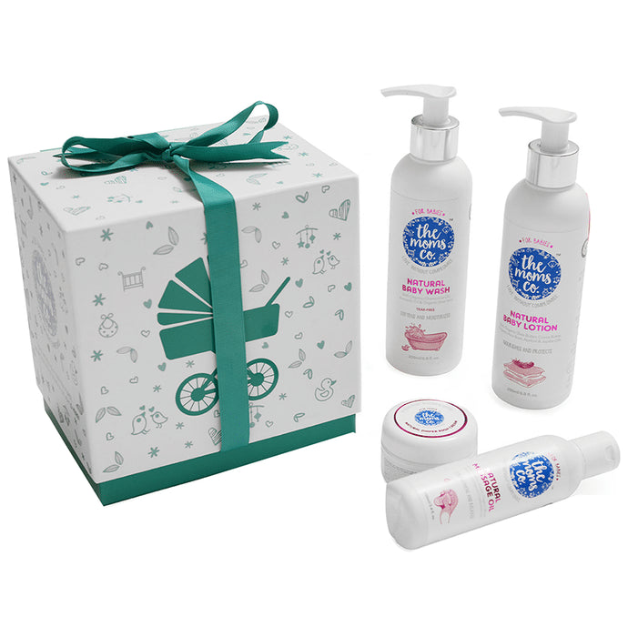 The Moms Co. Baby Must Have Ribbon Gift Box (Natural Baby Wash, Natural Baby Lotion, Natural Massage Oil, Natural Diaper Rash Cream) - Classic Derma