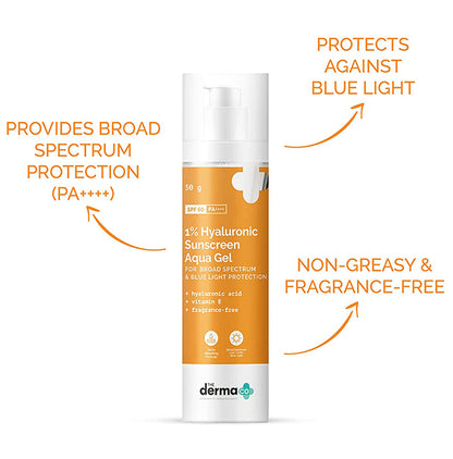 The Derma Co 1% Hyaluronic Sunscreen Aqua Gel with Vitamin E | Fragrance Free