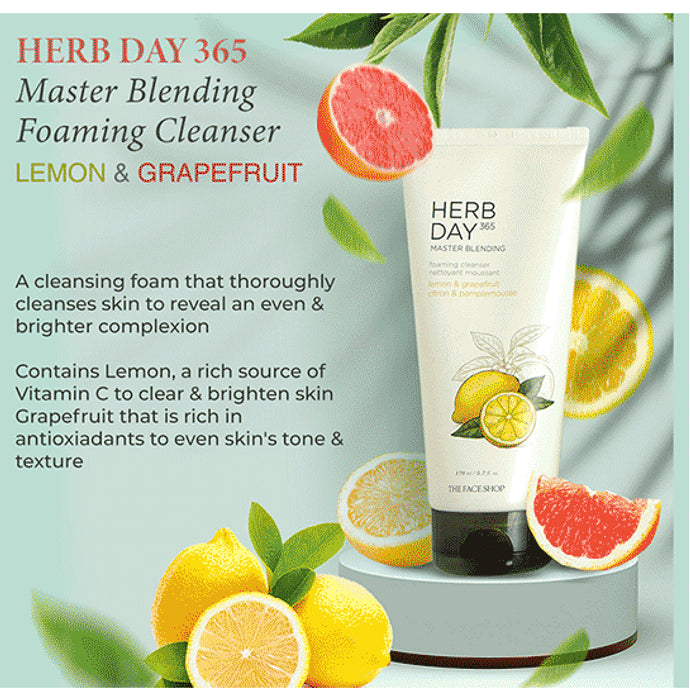 The Face Shop Herb Day 365 Foaming Cleanser - Lemon & Grapefruit, Face Wash With Vitamin C & Glycolic Acid For Brighter & Glowing Skin Lemon & Grapefruit