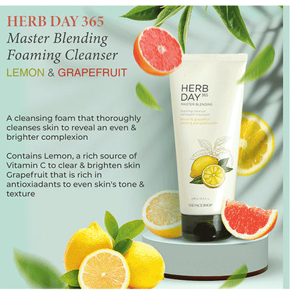 The Face Shop Herb Day 365 Foaming Cleanser - Lemon & Grapefruit, Face Wash With Vitamin C & Glycolic Acid For Brighter & Glowing Skin Lemon & Grapefruit