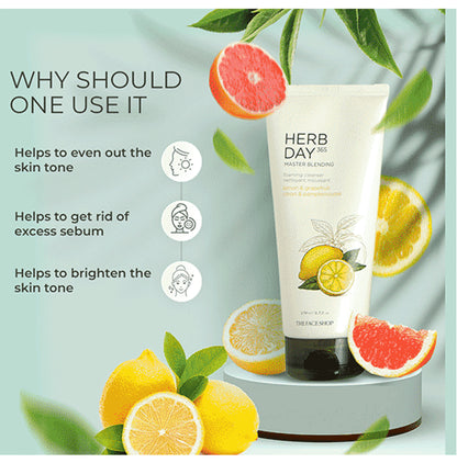 The Face Shop Herb Day 365 Foaming Cleanser - Lemon & Grapefruit, Face Wash With Vitamin C & Glycolic Acid For Brighter & Glowing Skin Lemon & Grapefruit