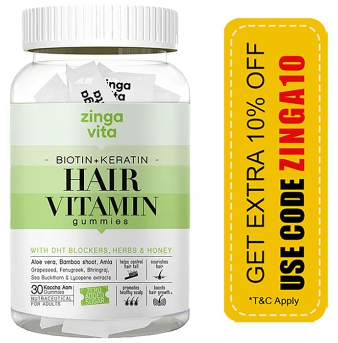 Zingavita Biotin + Keratin Hair Gummies with Honey for Stronger Hair Kaccha Aam - Classic Derma