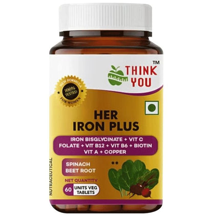 Think You Her Iron Plus Tablet For Women with Chelated Iron 29Mg, Folic Acid, Vit C, B12 & Biotin (60 Each) - Classic Derma