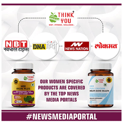 Think You Her Iron Plus Tablet For Women with Chelated Iron 29Mg, Folic Acid, Vit C, B12 & Biotin (60 Each)