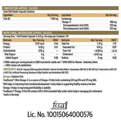 TrueBasics Ultra Omega-3 Fatty Acid Capsule Triple Strength with 1150mg Omega 3, 525mg EPA & 375mg DHA | for Heart, Joints & Brain Health