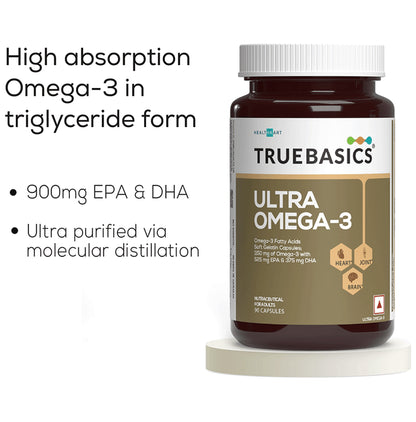 TrueBasics Ultra Omega-3 Fatty Acid Capsule Triple Strength with 1150mg Omega 3, 525mg EPA & 375mg DHA | for Heart, Joints & Brain Health