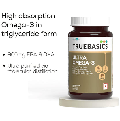 TrueBasics Ultra Omega-3 Fatty Acid Capsule Triple Strength with 1150mg Omega 3, 525mg EPA & 375mg DHA | for Heart, Joints & Brain Health