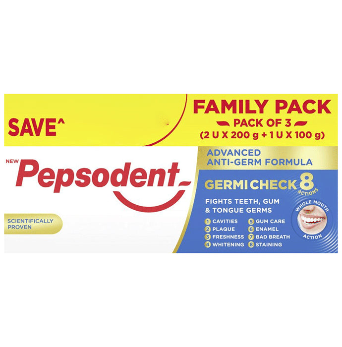 Pepsodent Germi Check 8 Actions Toothpaste Family Pack (2 Tube of 200gm & 1 Tube of 100gm) - Classic Derma