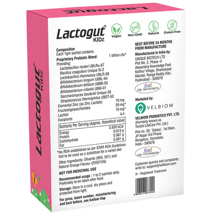Velbiom Lactogut Kidz Pre & Probiotic Sachet (1gm Each) Orange