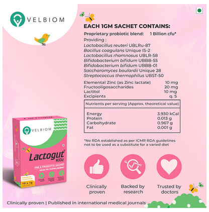 Velbiom Lactogut Kidz Pre & Probiotic Sachet (1gm Each) Orange