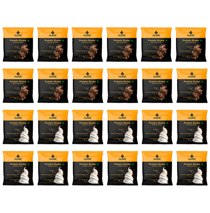 Auric Combo Pack of Protein Shake Sachet (12) Dark Chocolate and (12) Vanilla Coffee Flavour (37gm Each) - Classic Derma