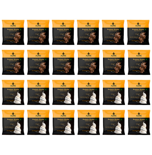 Auric Combo Pack of Protein Shake Sachet (12) Dark Chocolate and (12) Vanilla Coffee Flavour (37gm Each) - Classic Derma