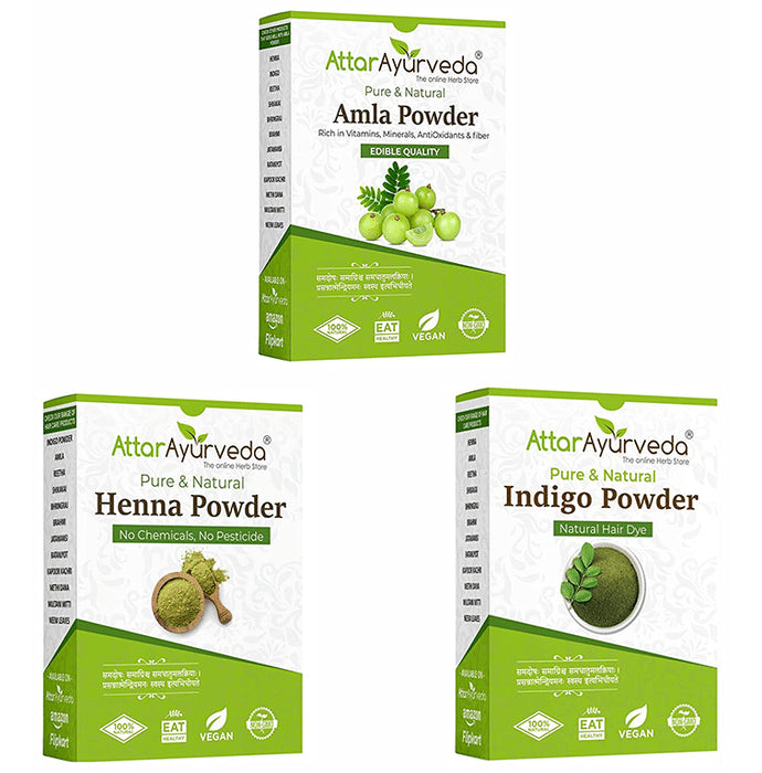 Attar Ayurveda Combo Pack of Pure & Natural Henna Powder (200gm), Pure & Natural Indigo Powder (200gm) & Pure & Natural Amla Powder (250gm) - Classic Derma