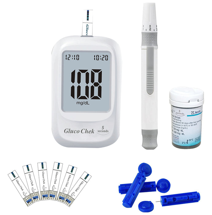 Aspen Gluco Chek 5 Seconds Blood Glucometer Kit with 25 Test Strips, 10 Lancets and Lancing Device Free - Classic Derma