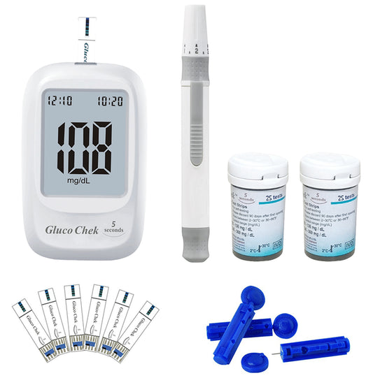 Aspen Gluco Chek Blood Glucose Glucometer Kit with 25 + 25 Strips, 10 Lancets and A Lancing Device Free - Classic Derma