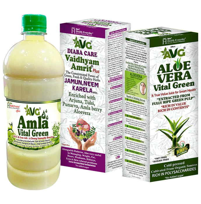 AVG Combo Pack of Amla Vital Green, Aloe Vera & Vaidhyam Amrit Plus (1000ml Each) - Classic Derma