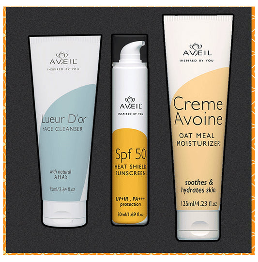 Aveil Combo Pack of Leuer D’or Face Cleanser 75ml, SPF 50 Heat Shield PA+++ Sunscreen 50ml, Creme Avoine Oat Meal Moisturizer 125ml - Classic Derma