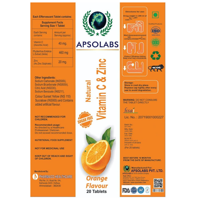 Apsolabs Natural Vitamin C & Zinc Effervescent Tablet Sugar Free Orange