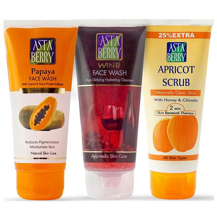 Astaberry Combo Pack of Papaya, Wine Face Wash & Apricot Scrub (100ml Each) - Classic Derma