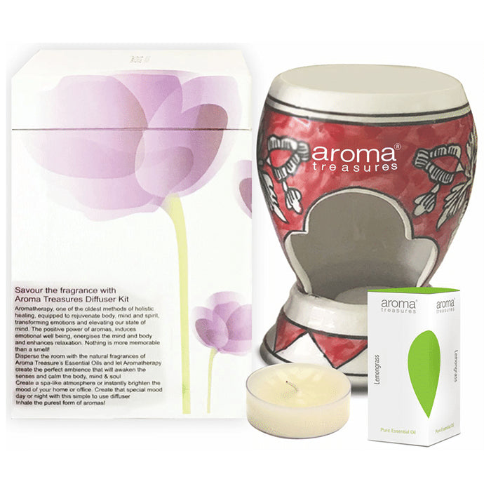 Aroma Treasures Candle Ceramic Diffuser (With 2 Candles and 1 Bottle of 10ml Lemongrass Pure Essential Oil) - Classic Derma