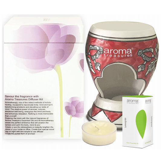 Aroma Treasures Candle Ceramic Diffuser (With 2 Candles and 1 Bottle of 10ml Lemongrass Pure Essential Oil) - Classic Derma