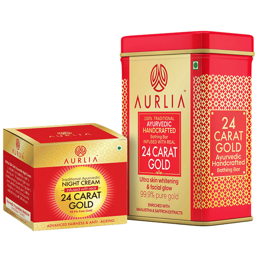 Aurlia Combo Pack of 24 Carat Gold Ayurvedic Handcrafted Bathing Bar (100gm) & 24 Carat Gold Ayurvedic Night Cream (30gm) - Classic Derma