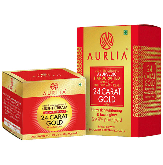 Aurlia Combo Pack of 24 Carat Gold Ayurvedic Handcrafted Bathing Bar (50gm) & 24 Carat Gold Ayurvedic Night Cream (30gm) - Classic Derma