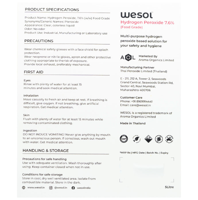 Wesol Food Grade 7% Hydrogen Peroxide Disinfectant Multi Surface Cleaner Liquid
