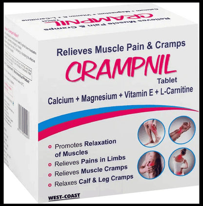 West-Coast Crampnil Tablet with Calcium, Magnesium, Vitamin E & Carnitine | For Relief from Muscle & Knee Cramps, Limb Pain | Tablet - Classic Derma