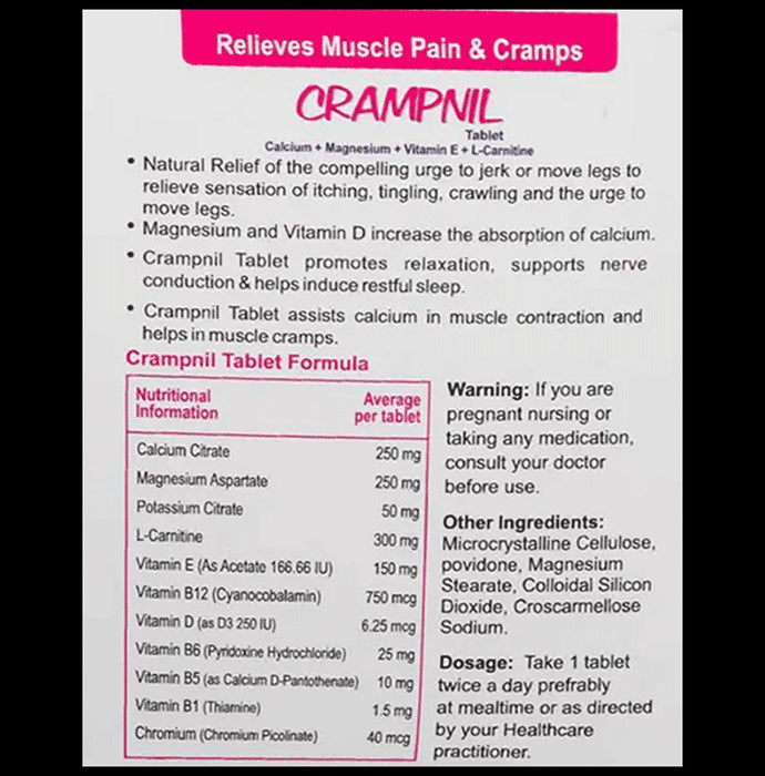 West-Coast Crampnil Tablet with Calcium, Magnesium, Vitamin E & Carnitine | For Relief from Muscle & Knee Cramps, Limb Pain | Tablet