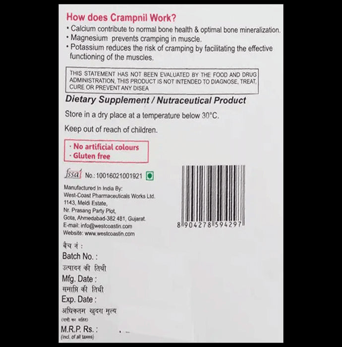 West-Coast Crampnil Tablet with Calcium, Magnesium, Vitamin E & Carnitine | For Relief from Muscle & Knee Cramps, Limb Pain | Tablet