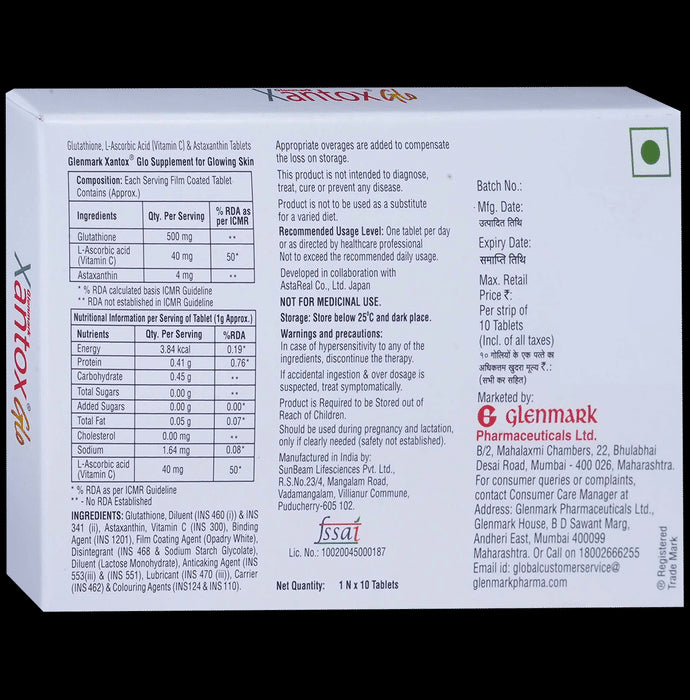 Xantox Glo Tablet with Glutathione, Astaxanthin & Vitamin C | For Glowing Skin