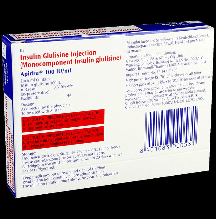 Apidra 100IU Cartridge (3ml Each)