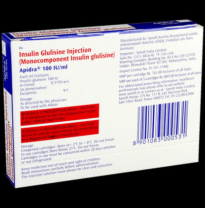 Apidra 100IU Cartridge (3ml Each)