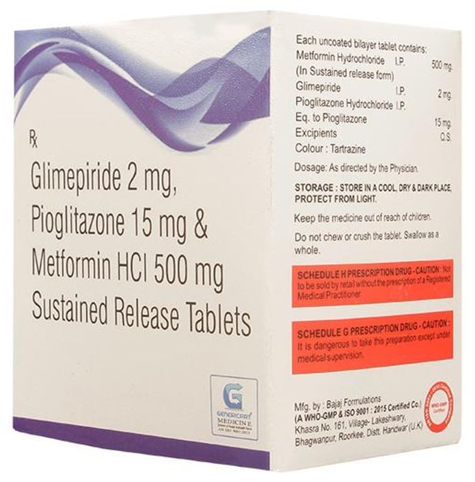 Genericart Glimepiride+Metformin+Pioglitazone 2mg/500mg/15mg Tablet SR - Classic Derma