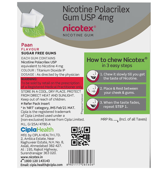 Nicotex Nicotine Sugar Free 4mg Chewing Gums Paan